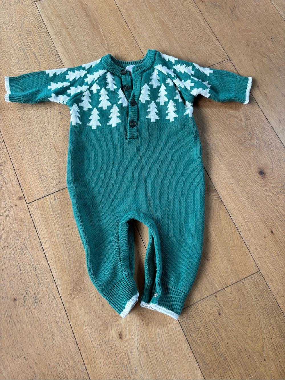 Hanna Andersson Green Knit One-Piece with White Christmas Tree Pattern